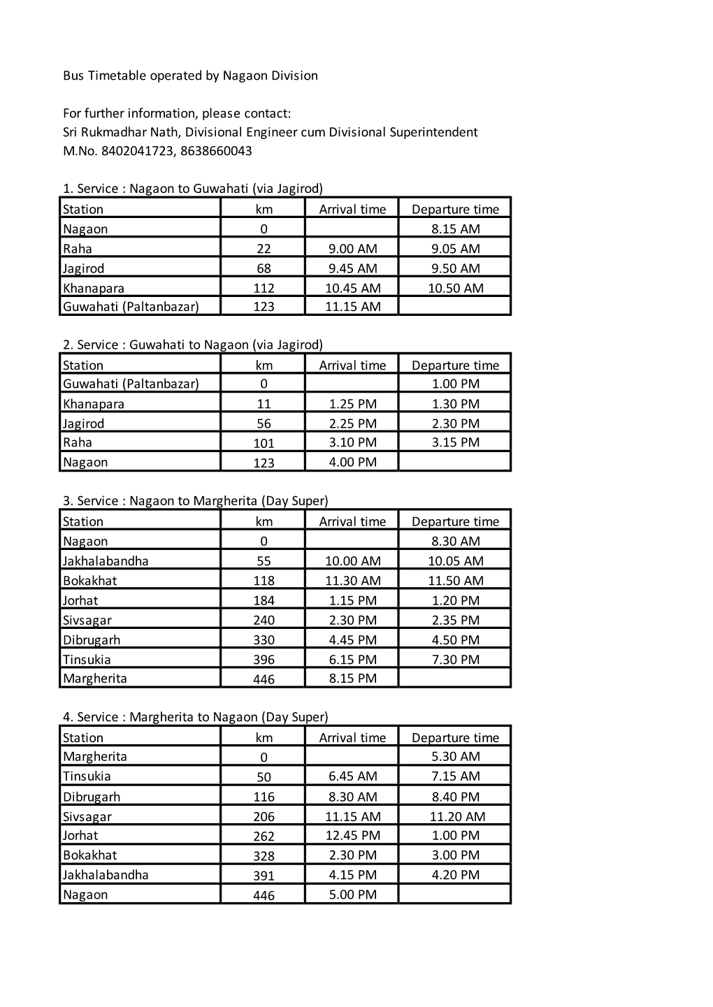 Bus Timetable Operated by Nagaon Division