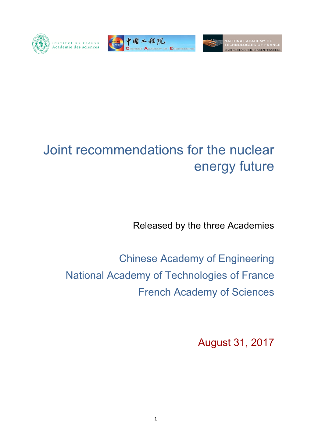 Joint Recommendations for the Nuclear Energy Future