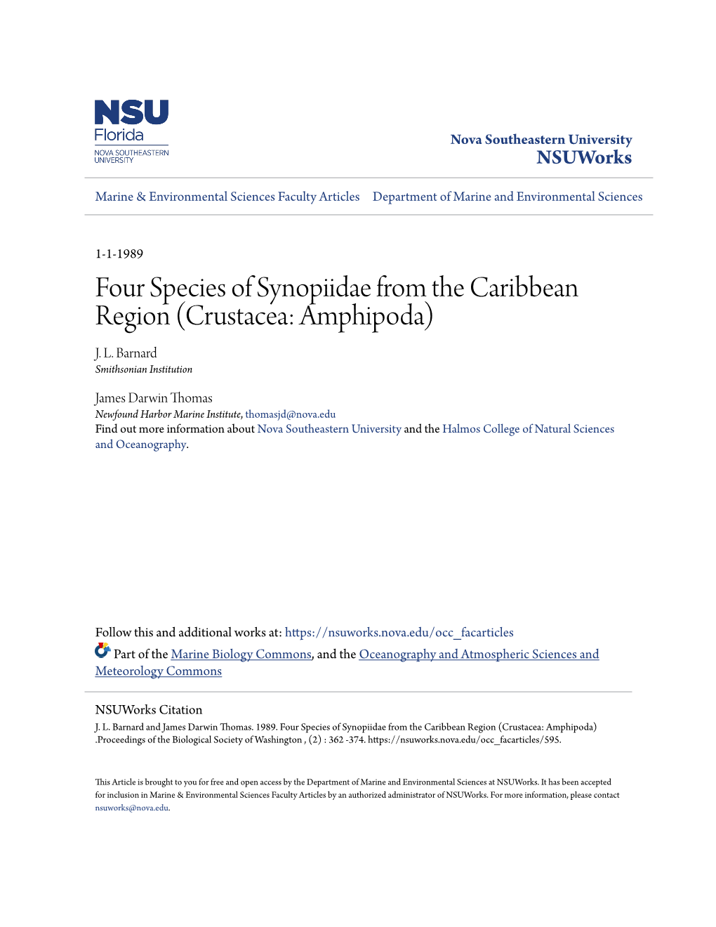 Four Species of Synopiidae from the Caribbean Region (Crustacea: Amphipoda) J