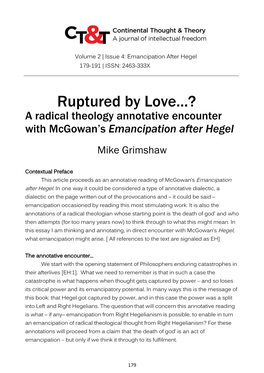 Ruptured by Love…? a Radical Theology Annotative Encounter with Mcgowan’S Emancipation After Hegel