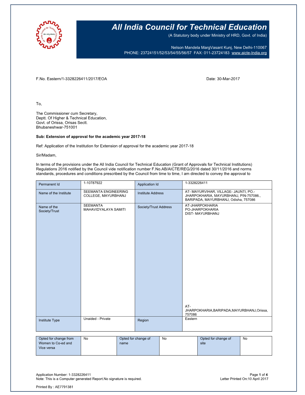 India Council for Technical Education (A Statutory Body Under Ministry of HRD, Govt