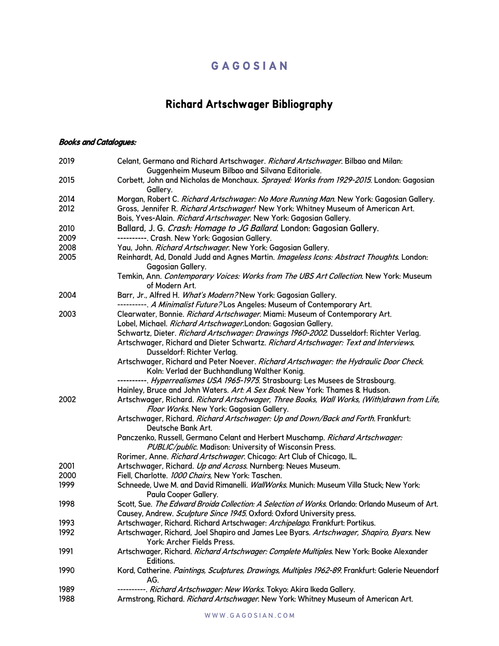 Richard Artschwager Bibliography