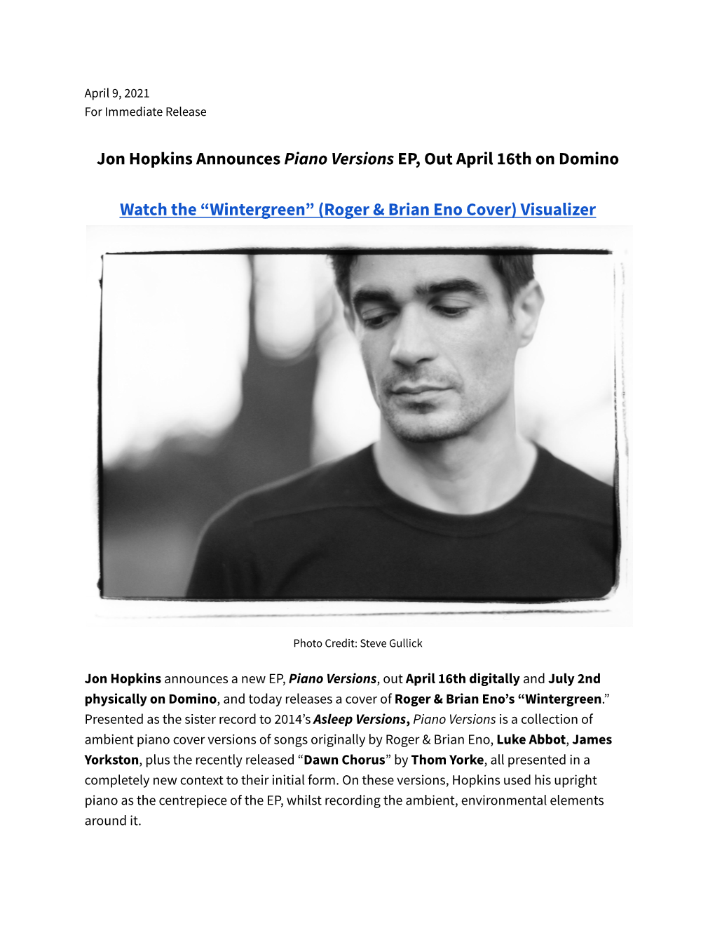 Jon Hopkins Announces Piano Versions EP, out April 16Th on Domino