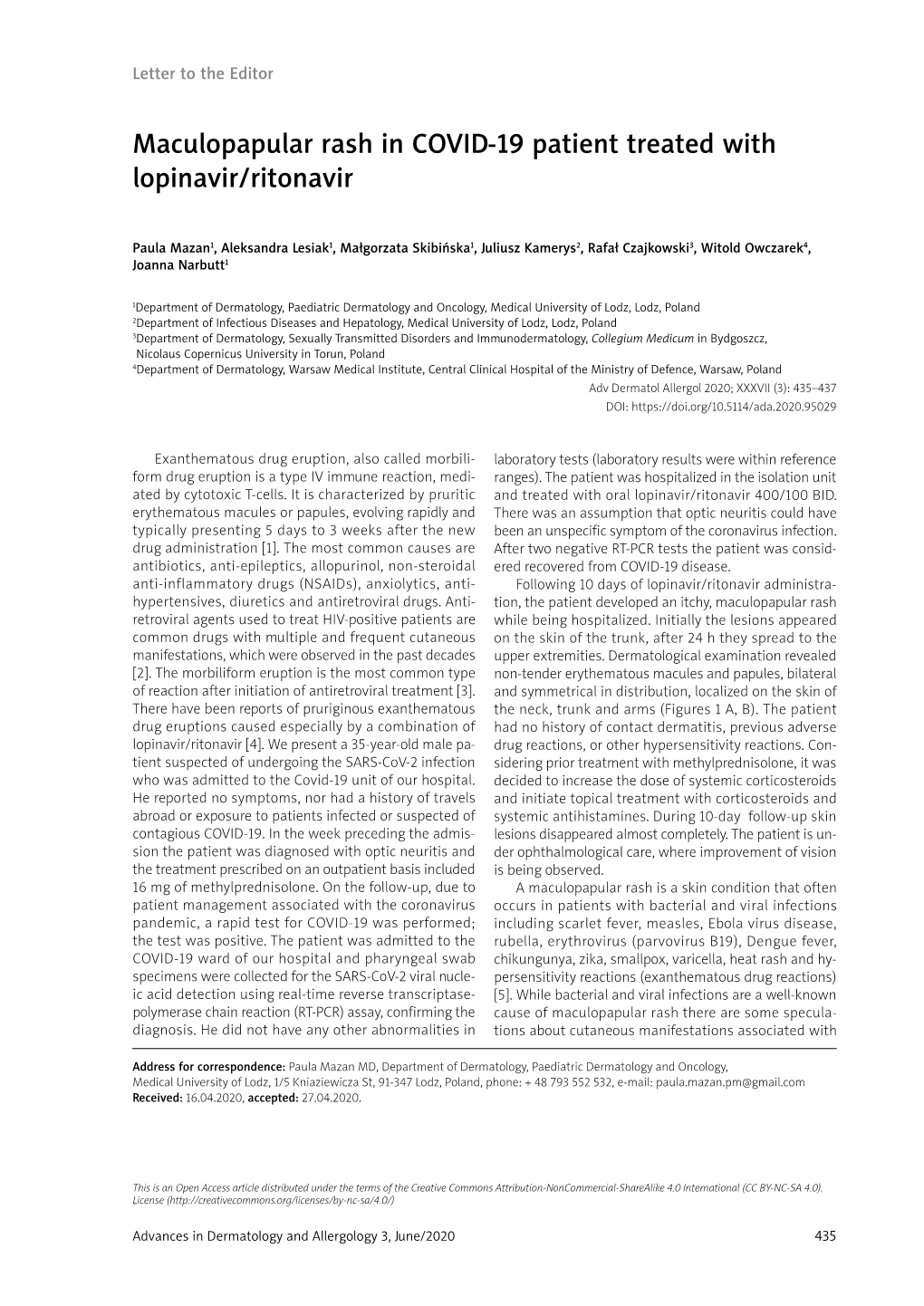 Maculopapular Rash in COVID-19 Patient Treated with Lopinavir/Ritonavir