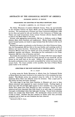 Abstracts of the Geological Society of America December Meeting at Boston Stratigraphy and Structure of the Finlay Mountains, Texas by Claude C