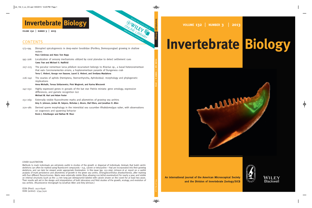 Invertebrate Biology VOLUME 132 | NUMBER 3 | 2013 Wileyon VOLUME 132 NUMBER 3 2013 | | Line Biology Libr Ary.Com/Journal/Ivb