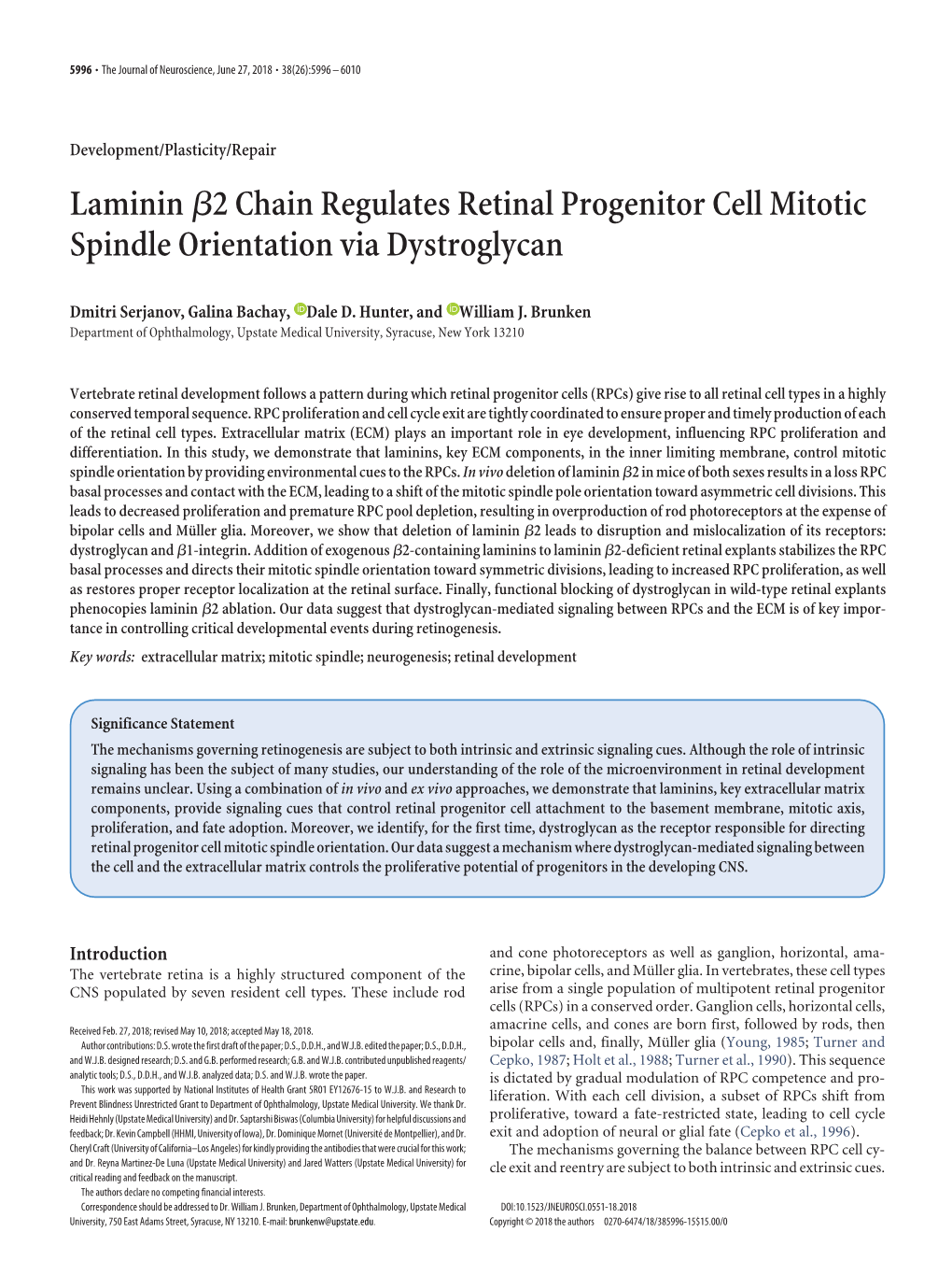 Laminin Β2 Chain Regulates Retinal Progenitor Cell Mitotic Spindle Orientation Via Dystroglycan