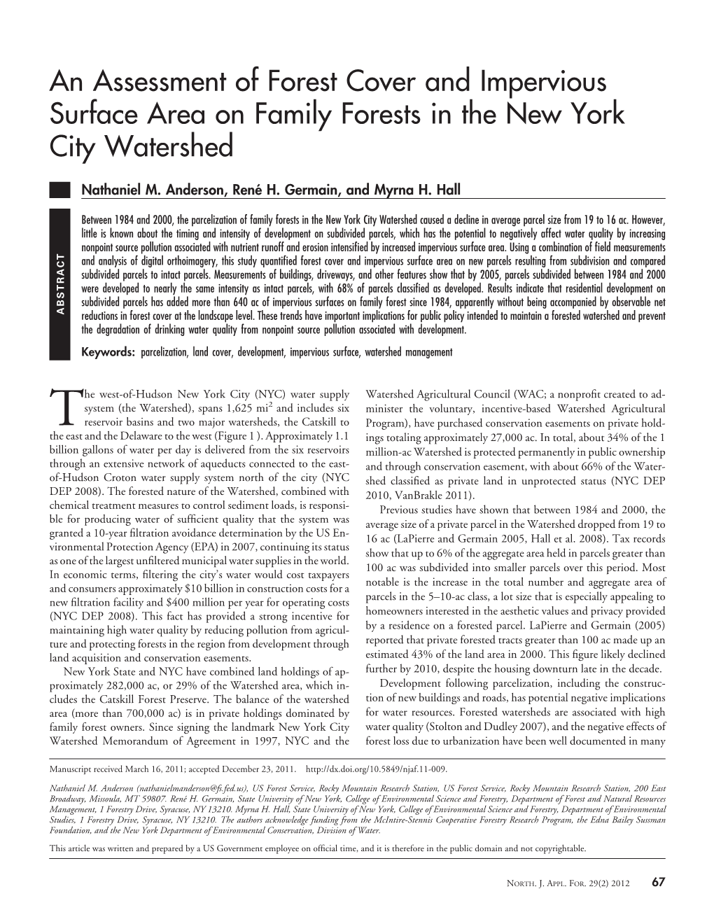 An Assessment of Forest Cover and Impervious Surface Area on Family Forests in the New York City Watershed