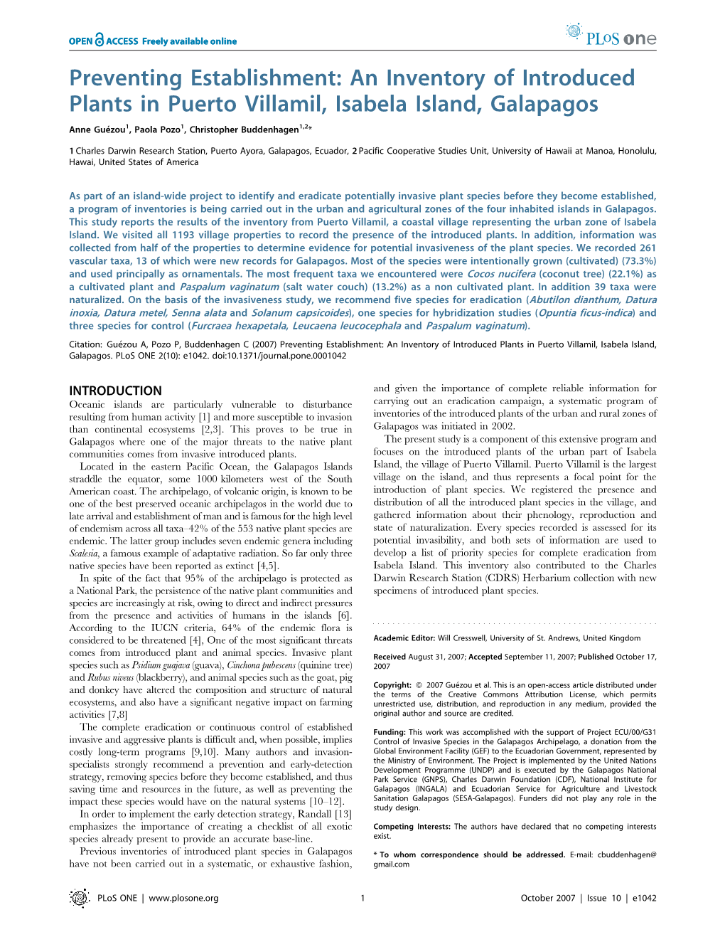 Preventing Establishment: an Inventory of Introduced Plants in Puerto Villamil, Isabela Island, Galapagos Anne Gue´Zou1, Paola Pozo1, Christopher Buddenhagen1,2*