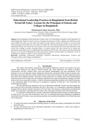 Educational Leadership Practices in Bangladesh from British Period Till Today: Lessons for the Principals of Schools and Colleges in Bangladesh