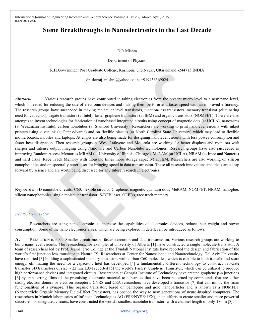 184. Some Breakthroughs in Nanoelectronics in the Last Decade