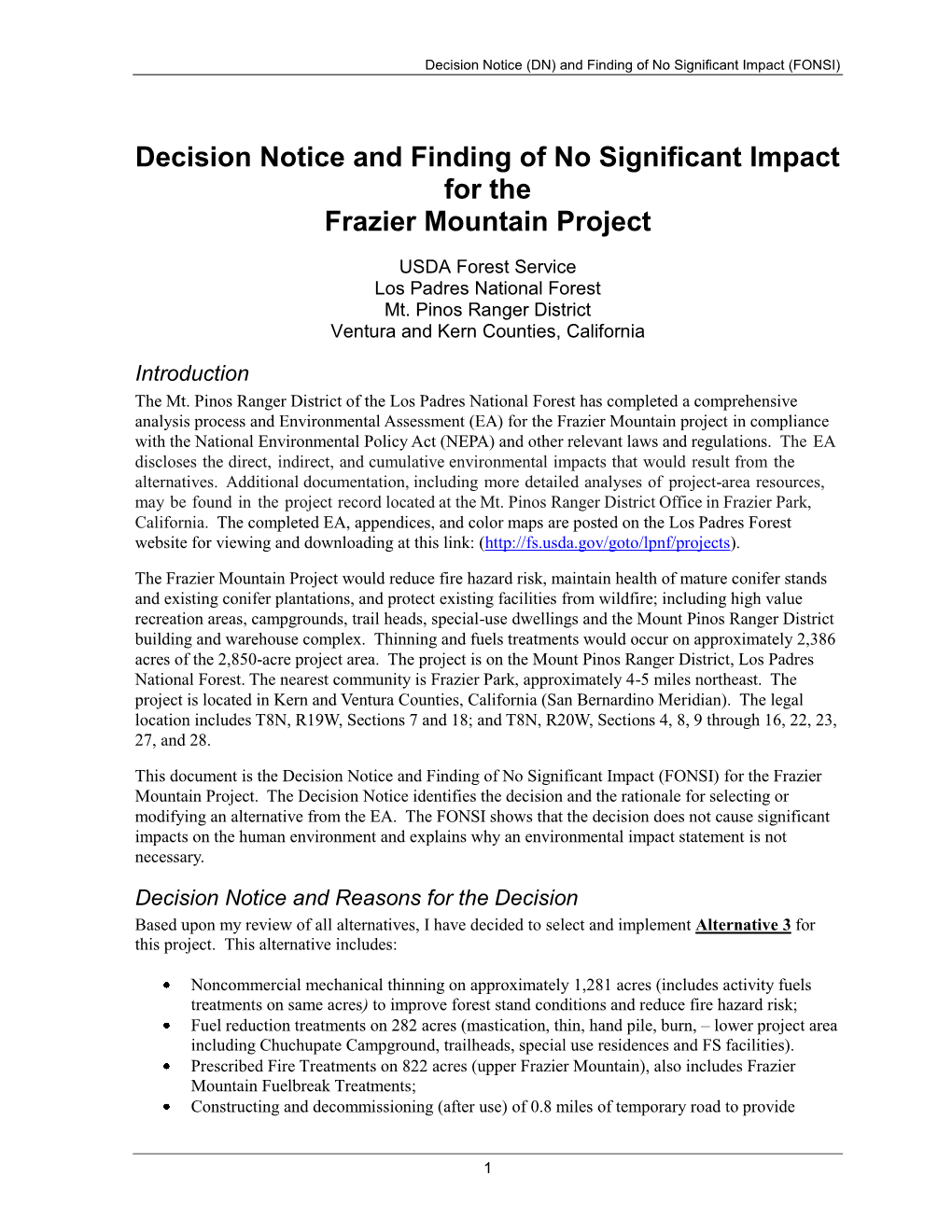 Decision Notice and Finding of No Significant Impact for the Frazier Mountain Project