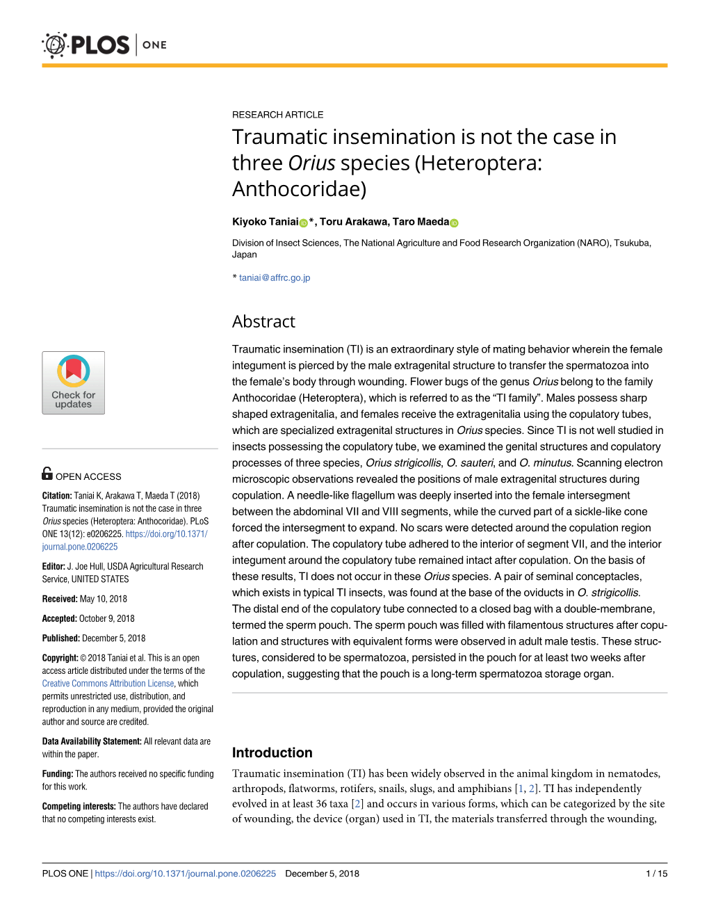 Traumatic Insemination Is Not the Case in Three Orius Species (Heteroptera: Anthocoridae)