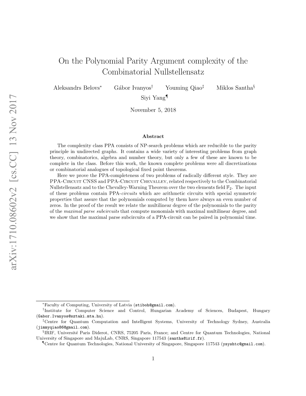 On the Polynomial Parity Argument Complexity of the Combinatorial