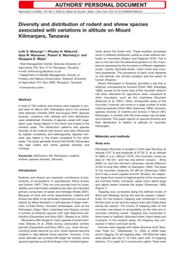 Diversity and Distribution of Rodent and Shrew Species Associated with Variations in Altitude on Mount Kilimanjaro, Tanzania