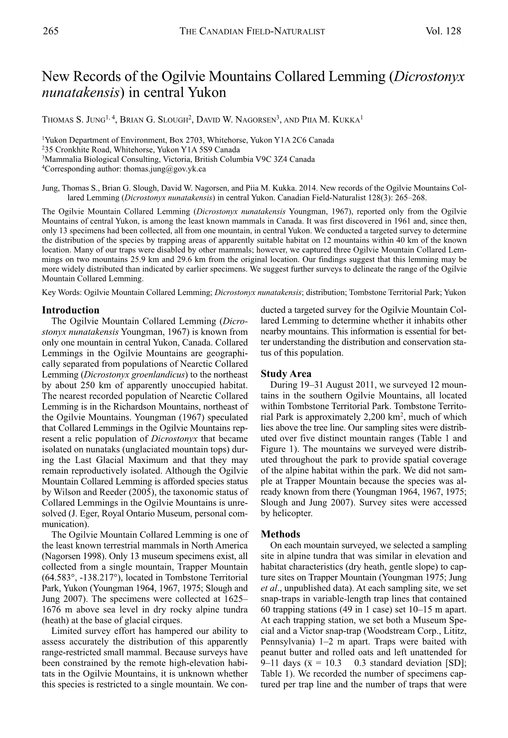 New Records of the Ogilvie Mountains Collared Lemming (Dicrostonyx