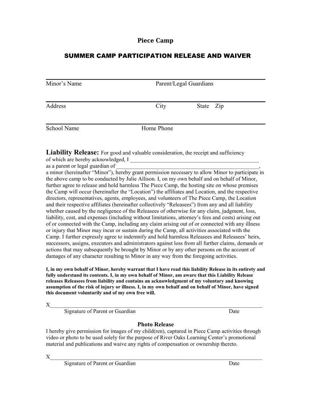 Summer Camp Participation Release and Waiver