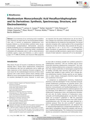 Rhodocenium Monocarboxylic Acid Hexafluoridophosphate and Its Derivatives: Synthesis, Spectroscopy, Structure, and Electrochemistry Markus Jochriem,[A] Larissa A