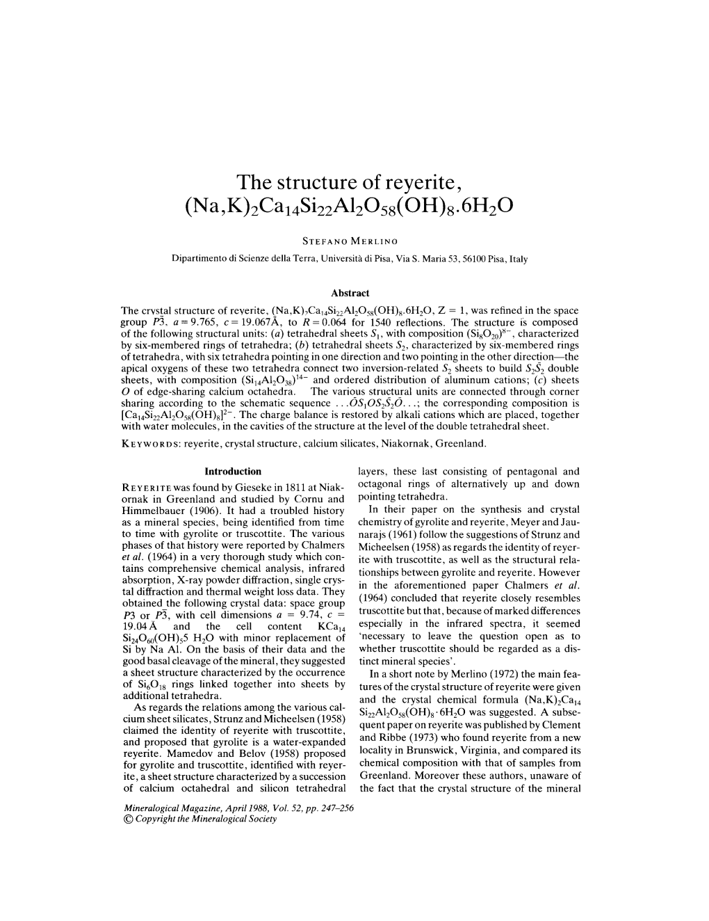 The Structure of Reyerite, (N a ,K)2Ca 14Si22a120ss( 0 H)S