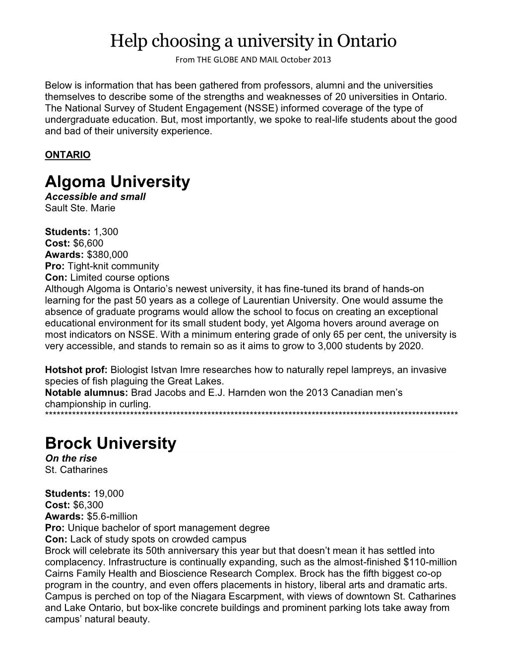 Help Choosing a University in Ontario from the GLOBE and MAIL October 2013