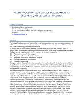 Public Policy for Sustainable Development of Grouper Aquaculture in Indonesia