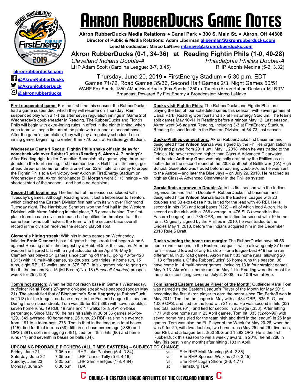 AKRON RUBBERDUCKS GAME NOTES Akron Rubberducks Media Relations ● Canal Park ● 300 S