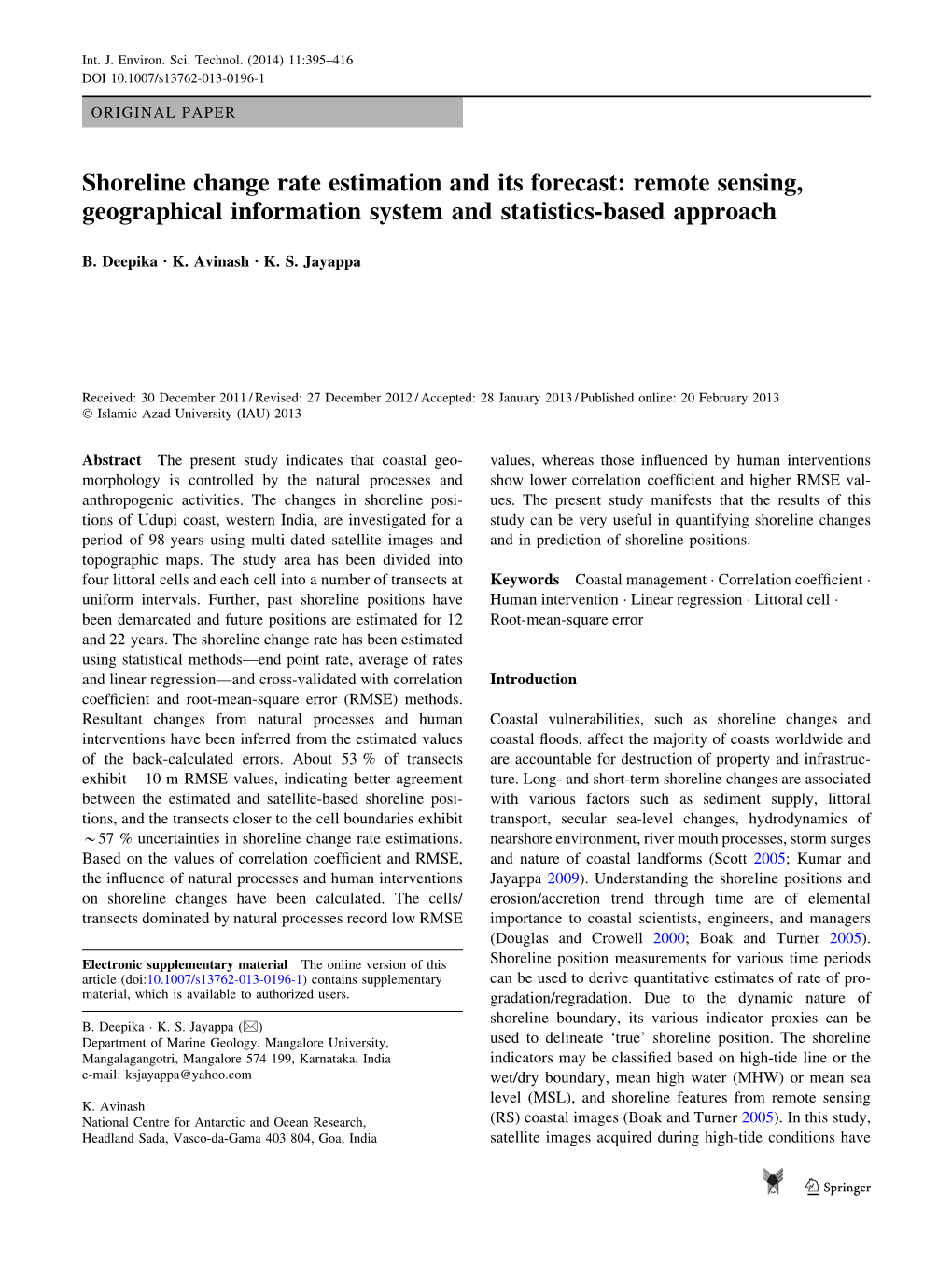 Shoreline Change Rate Estimation and Its Forecast: Remote Sensing, Geographical Information System and Statistics-Based Approach