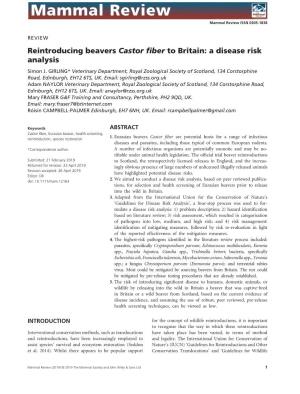 Reintroducing Beavers Castor Fiber to Britain: a Disease Risk Analysis Simon J