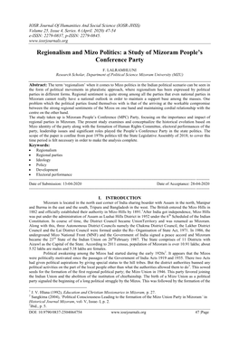 Regionalism and Mizo Politics: a Study of Mizoram People's