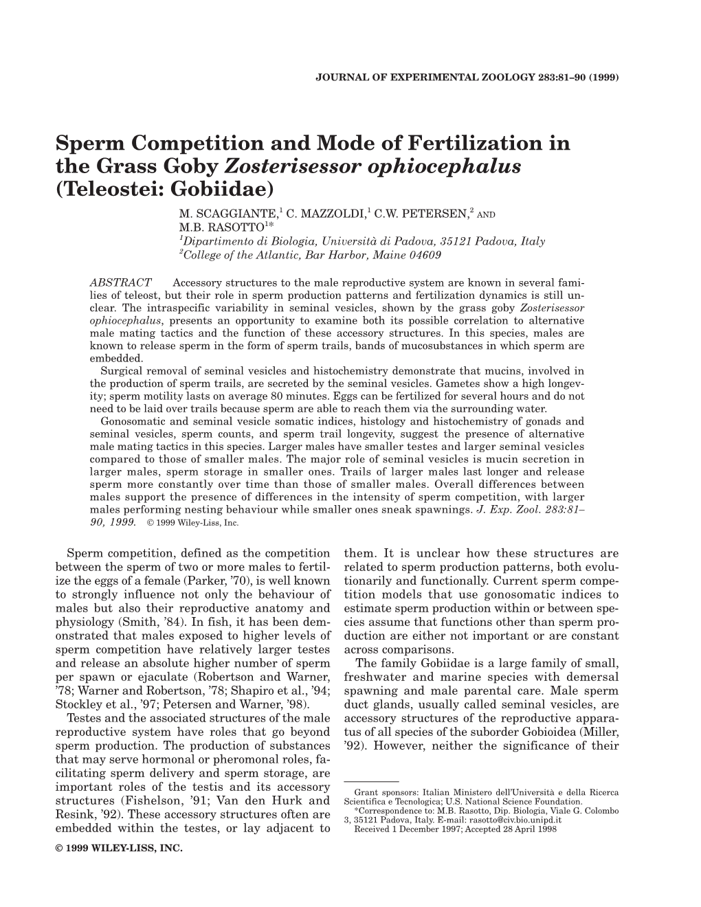 Sperm Competition and Mode of Fertilization in the Grass Goby Zosterisessor Ophiocephalus (Teleostei: Gobiidae) 1 1 2 M
