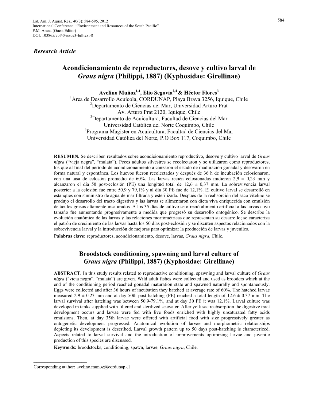 Acondicionamiento De Reproductores, Desove Y Cultivo Larval De Graus Nigra (Philippi, 1887) (Kyphosidae: Girellinae)