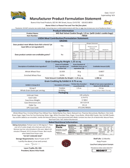 Manufacturer Product Formulation Statement Buena Vista Food Products, 823 W