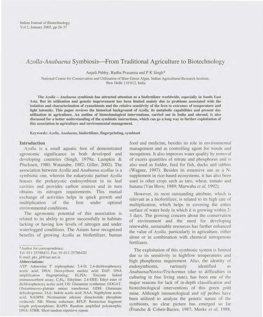 Azolla-Anabaena Symbiosis-From Traditional Agriculture to Biotechnology