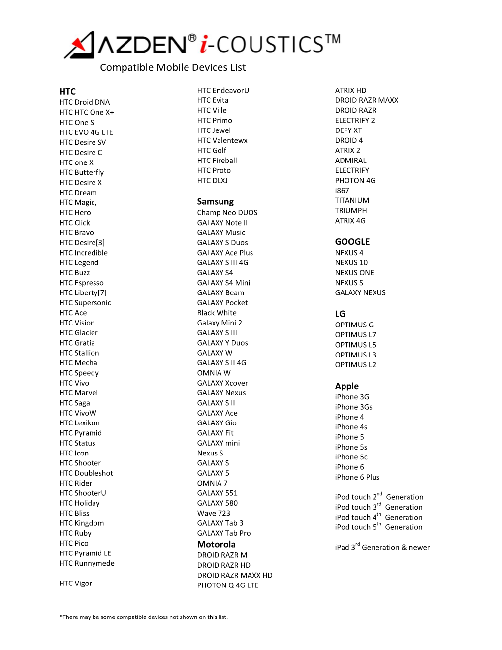 Compatible Mobile Devices List