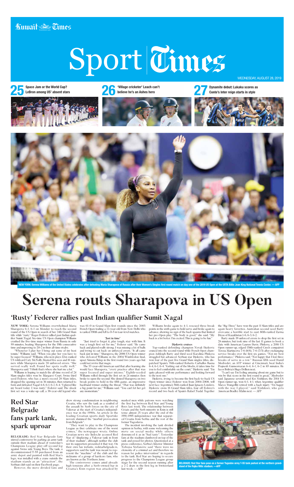 Serena Routs Sharapova in US Open ‘Rusty’ Federer Rallies Past Indian Qualifier Sumit Nagal