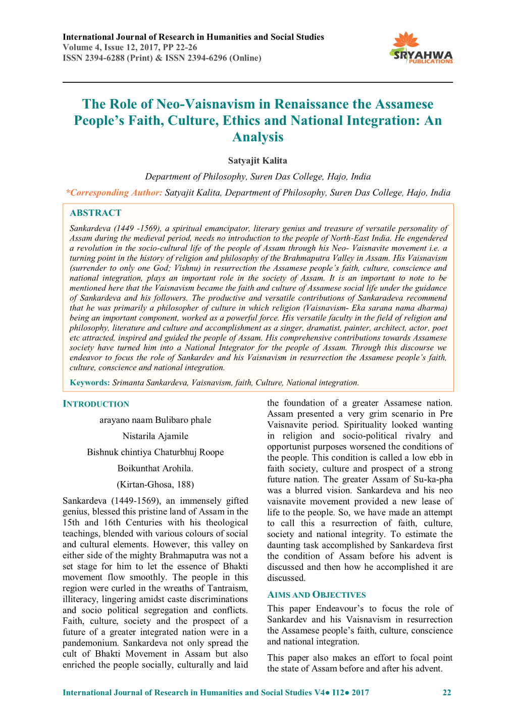 The Role of Neo-Vaisnavism in Renaissance the Assamese People’S Faith, Culture, Ethics and National Integration: an Analysis