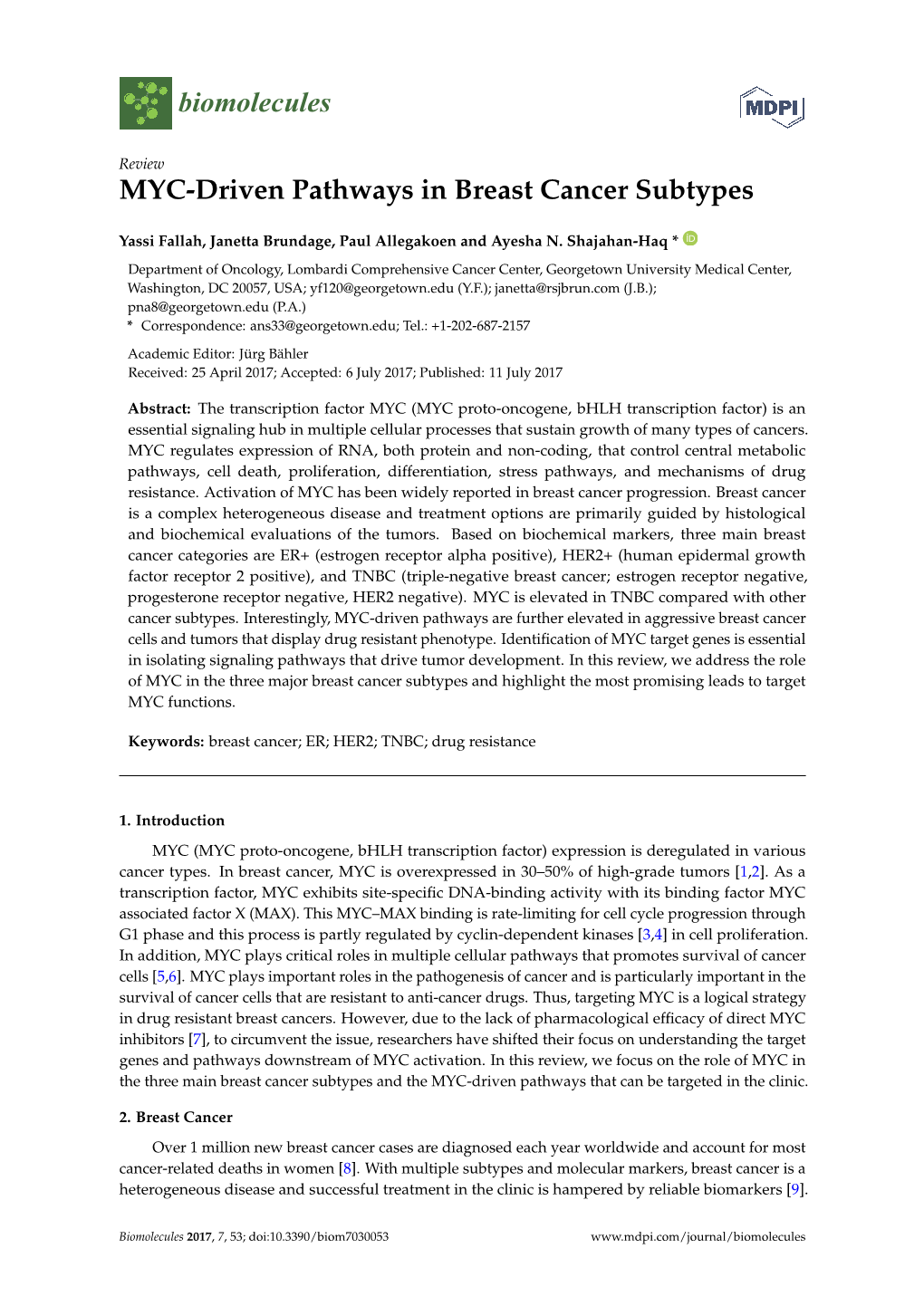 MYC-Driven Pathways in Breast Cancer Subtypes