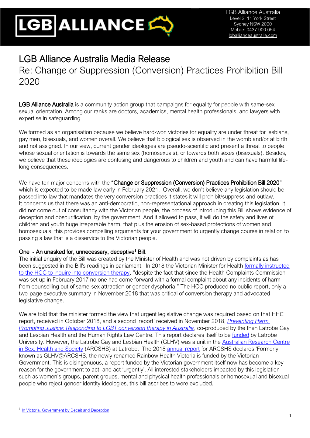 LGB Alliance Australia Media Release Re: Change Or Suppression (Conversion) Practices Prohibition Bill 2020