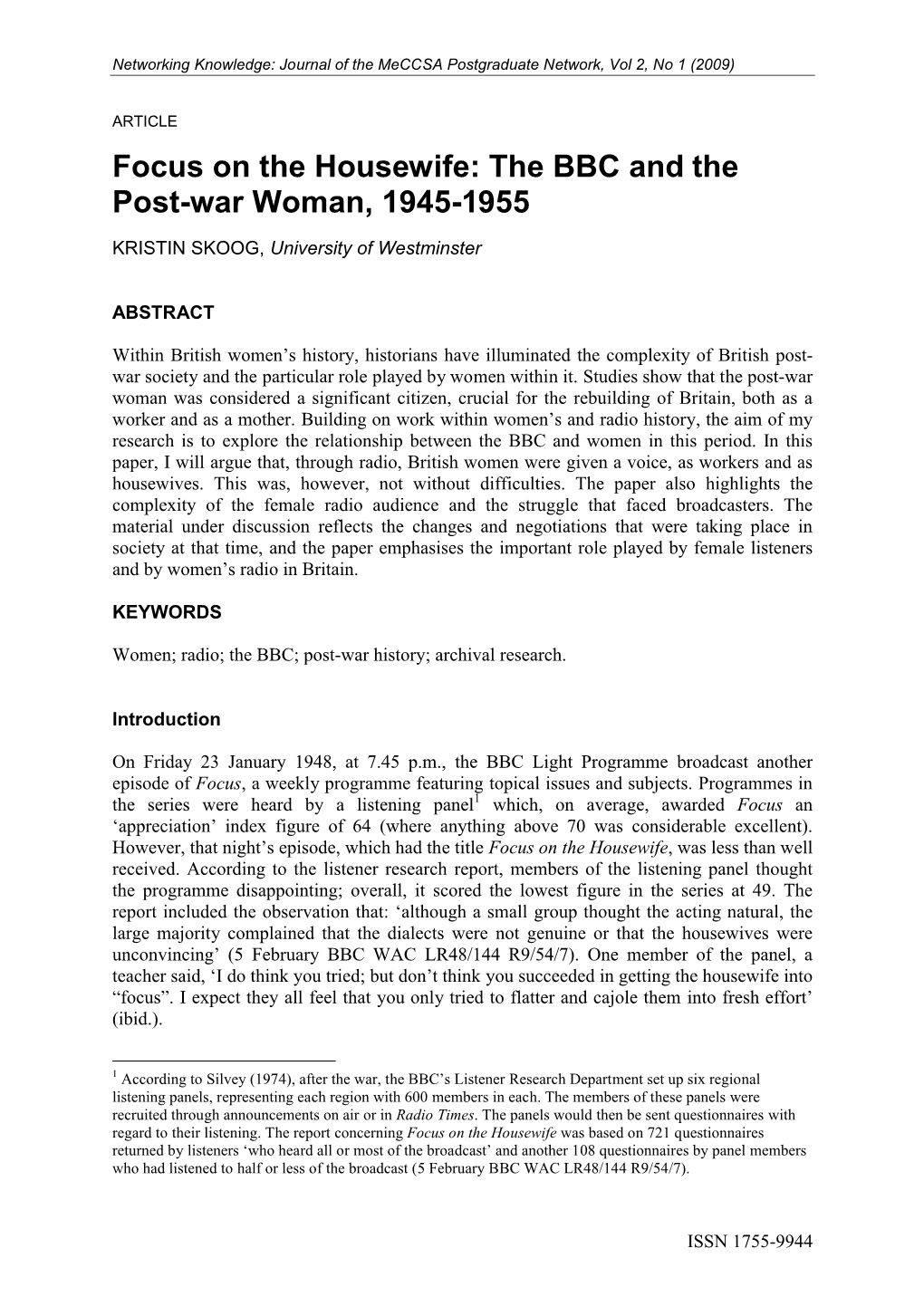 Focus on the Housewife: the BBC and the Post-War Woman, 1945-1955