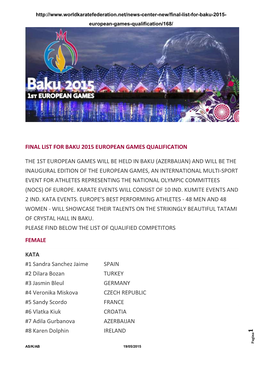 Karate-Final List for Baku 2015 European Games