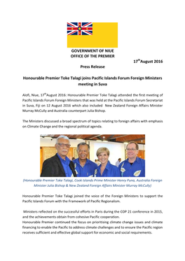 GOVERNMENT of NIUE OFFICE of the PREMIER 17 August 2016