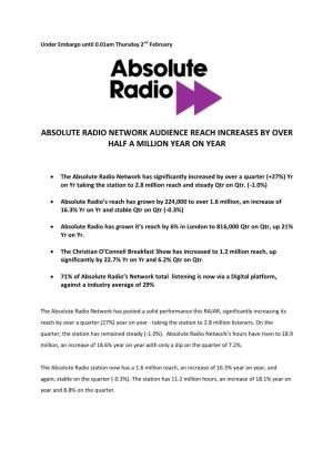 Absolute Radio Network Audience Reach Increases by Over Half a Million Year on Year