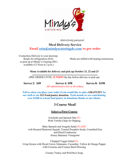 Meal Delivery Service Email Erin@Mindyscateringdc.Com to Pre Order