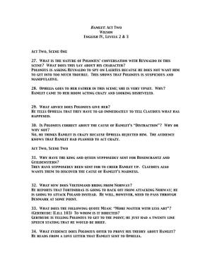 Hamlet: Act Two Wilson English IV, Levels 2 & 3