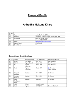 Personal Profile Anirudha Mukund Khare