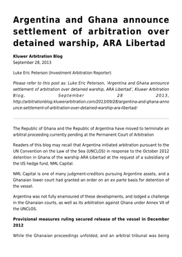 Argentina and Ghana Announce Settlement of Arbitration Over Detained Warship, ARA Libertad