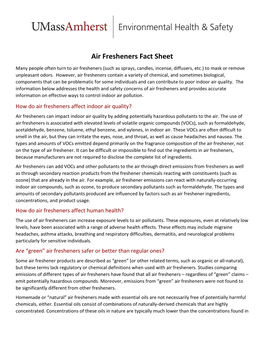 Air Fresheners Fact Sheet Many People Often Turn to Air Fresheners (Such As Sprays, Candles, Incense, Diffusers, Etc.) to Mask Or Remove Unpleasant Odors