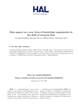 Data Papers As a New Form of Knowledge Organization in the Field of Research Data Joachim Schöpfel, Dominic Farace, Hélène Prost, Antonella Zane