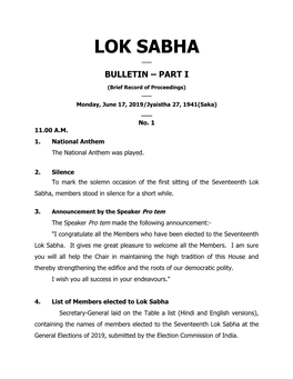 Lok Sabha ___ Bulletin – Part I