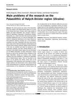 Main Problems of the Research on the Palaeolithic of Halych-Dnister Region (Ukraine)
